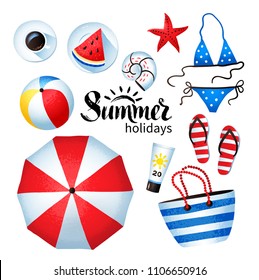 Top view vector summertime illustration set of beach accessories isolated on white background.