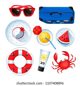 Top view vector summertime illustration set of beach accessories isolated on white background.