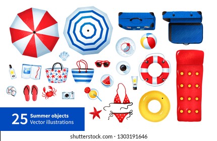 Top View Vector Summertime Illustration Set Of Beach Items Isolated On White Background.