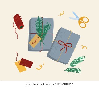 Top view vector textured illustration with cozy gift boxes. Spruce twigs, scissors, pen and skein of thread. Gift wrapping workplace.