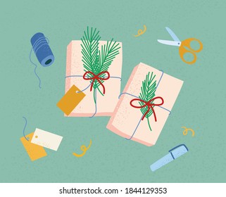 Top view vector textured illustration with cozy gift boxes. Spruce twigs, scissors, pen and skein of thread. Gift wrapping workplace.