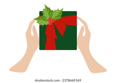 Top view Vector of Two female hands holding Gift box with red ribbon and holly berry. Christmas and New Year present template. Flat cartoon Holiday illustration for Postcard, Banner, Advertisement