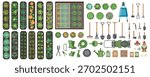 Top view of vegetable beds of tomatoes, cucumbers, cabbage, zucchini, pumpkin and garden tools. Flat design illustration of isolated items for gardening. View from above. Set of icons. Aerial