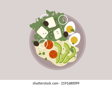 A top view of a vegetable salad with quinoa and eggs, healthy eating