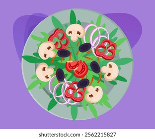 Top view of vegetable salad vector illustration. Cartoon drawing of plate with greens, mushrooms, tomatoes, onions, olives, pepper on purple background. Cooking, healthy eating, food concept