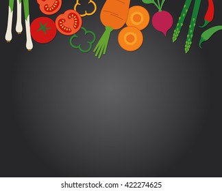 Top view of vegetables border on chalkboard background. Healthy concept illustration vector.