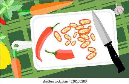 Top view vegetables. Cooking flat design set on a table cloth. Healthy vegetarian food. Chopped chili pepper on the chopping board. Can be used for website banners