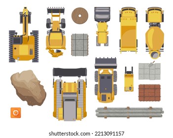 Vista superior de los vehículos para las ilustraciones vectoriales de construcción. Colección de dibujos de tractor amarillo, bulldozer, camión, excavador aislado sobre fondo blanco. Maquinaria pesada, concepto de construcción