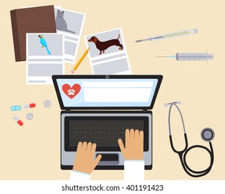 Top view of a vet workplace. Unusual perspective. Vector illustration