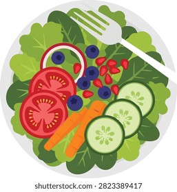 Top view of a vibrant, healthy salad in a bowl with lettuce, tomatoes, cucumbers, carrots, blueberries, and pomegranate seeds, served with a fork. Healthy eating concept.