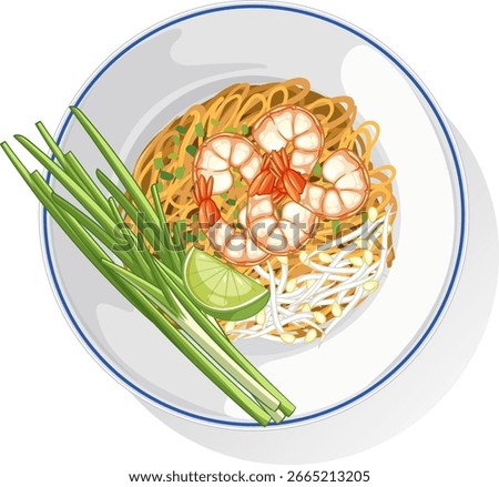 Top view of a vibrant Pad Thai dish with shrimp, lime, and scallions in a clean vector style