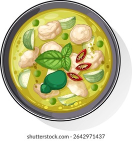 Top view of a vibrant Thai green curry with vegetables and herbs in a bowl, showcasing rich colors and detailed textures