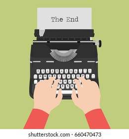 Top view of vintage typewriter with blank paper sheet with male hands typing