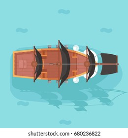 Top view vintage wooden pirate buccaneer filibuster corsair ocean sea dog ship boat sail game icon flat design vector illustration