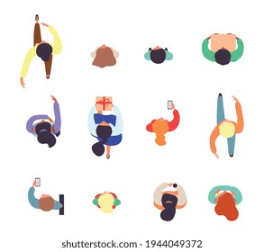 Top view of walking people. Set of male and female characters. Male and female characters. Simple style flat cartoon vector illustrations