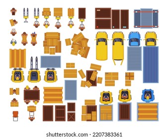 Top view of warehouse elements vector illustrations set. Workers on cargo transport, couriers delivering parcels, boxes, cars and trucks, equipment. Logistics industry, delivery service concept