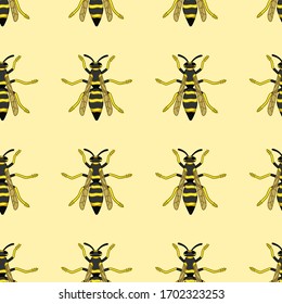 Top view wasp seamless pattern. Decoration for greeting card, wrapper and textile. Yellow background, vector.