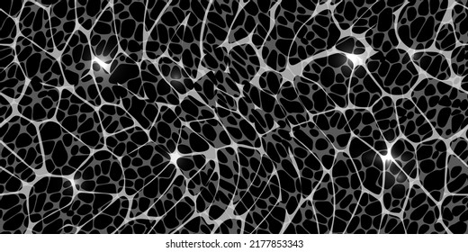 Top view of the water surface with caustic ripples as a seamless pattern on black background. The texture of the pool with sun glare. Transparent imitation of liquid movement under illumination