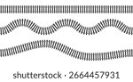 Top view of wavy curved and straight railways isolated on white background. Set of railroad tracks with rails and ties. Transportation infographic. Seamless vector illustrations.