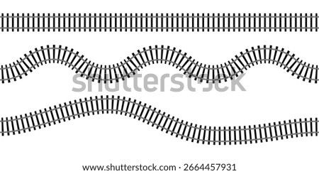 Top view of wavy curved and straight railways isolated on white background. Set of railroad tracks with rails and ties. Transportation infographic. Seamless vector illustrations.