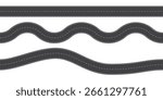 Top view of wavy and straight roads. Set of direct and winding roads with dashed center lines isolated on white background. Race curves. Two-lane asphalt highways. Seamless vector illustrations.