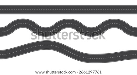 Top view of wavy and straight roads. Set of direct and winding roads with dashed center lines isolated on white background. Race curves. Two-lane asphalt highways. Seamless vector illustrations.