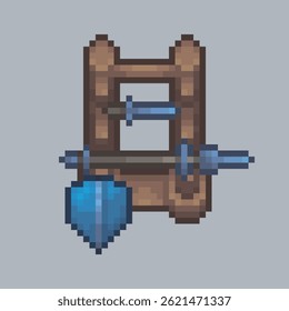 Vista superior Estante del arma con el escudo en estilo del arte del pixel con el fondo aislado