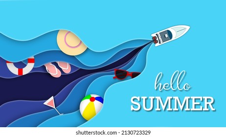 Top view. White boat floating in ocean blue sea with waves, hat, sandals, juice, sunglasses and rubber ring. vector art and illustration.