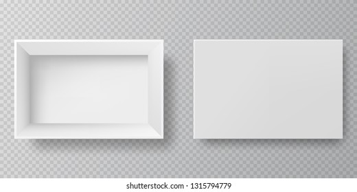Top view white box realistic 3D cardboard with open cap. Blank packaging boxes - open and closed mockup, isolated on  transparent background. White blank cardboard package boxes mockup.