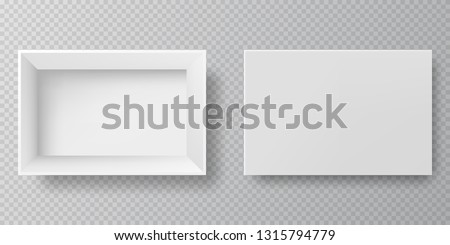 Top view white box realistic 3D cardboard with open cap. Blank packaging boxes - open and closed mockup, isolated on  transparent background. White blank cardboard package boxes mockup.