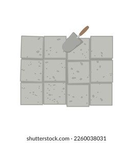 Vista superior de ladrillos blancos e ilustración del vector de la paleta. Dibujo de dibujos animados de herramientas y materiales para construcción o construcción aislados sobre fondo blanco. Concepto de industria de la construcción o de materiales