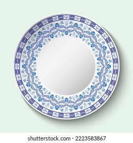 Top view of white ceramic dish with Blue ornament with flowers on the edge. Tableware plate isolated on light background. Stylized ethnic cobalt painting on porcelain. Vector illustration