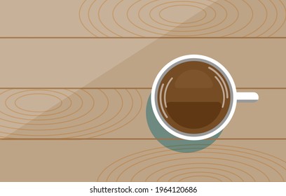 Top view of white coffee cup and black coffee on table isolated on background. Vector illustration. 
