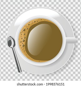 Top view of white coffee cup with plate and spoon on transparent background