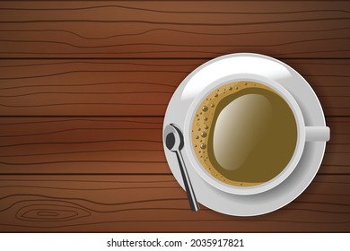Draufsicht auf die weiße Kaffeetasse mit Teller und Löffel auf dem Holztisch. Vektorgrafik