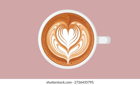 Draufsicht auf weiße Kaffeetasse mit herzförmigem Latte Art-Schaum, Vektorgrafik auf rosafarbenem Hintergrund