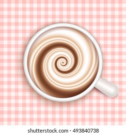 Top view of white coffee cup on red gingham patterned cloth. Cappuccino full cup, hot chocolate,and cream, high milk foam. vector illustration.