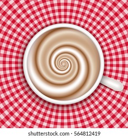 Top view white coffee cup on red gingham round background . Cappuccino full cup, hot chocolate, coffee and cream, high milk foam. Coffee cup top view, vector illustration