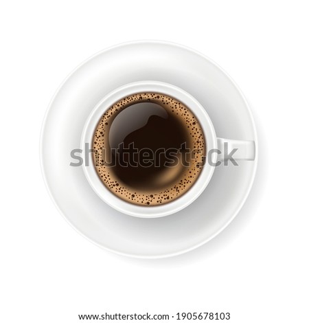 Top view at white coffee cup on plate. Realistic vector illustration of hot coffee drink mug - espresso or americano. 3d caffeine beverage element for cafe menu