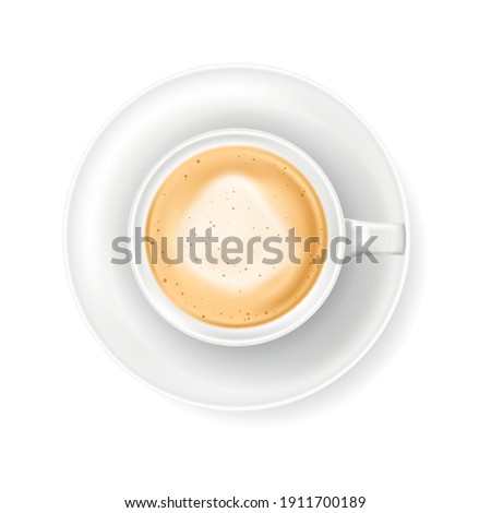 Top view at white coffee cup on plate. Realistic vector illustration of hot coffee drink mug - cappucino or latte. 3d caffeine beverage element for cafe menu