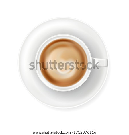 Top view at white coffee cup on plate. Realistic vector illustration of hot coffee drink mug - cappucino or latte. 3d caffeine beverage element for cafe menu