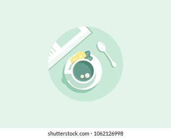 Top view of white cup filled with mint tea and lemon. Flat vector illustration in mint color. Mint leaf. 