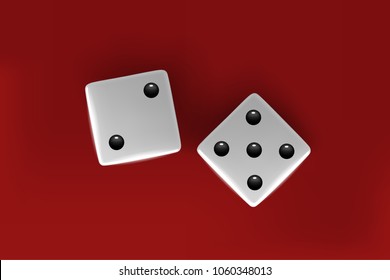 Top view of white dice. Casino dice on red background.