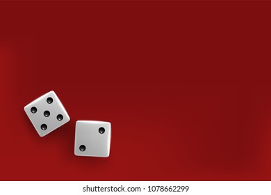 Top view of white dice. Casino dice on red background and place for text.