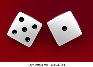 Top view of white dice. Casino dice on red background. Online casino dice gambling concept isolated on black.