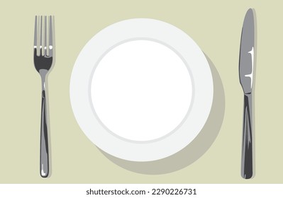 Top view of white empty plate and on each side of the plate is fork and knife