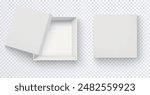 Top view of white empty square box. Realistic mockup of closed and half open cardboard paper box isolated on transparent background.