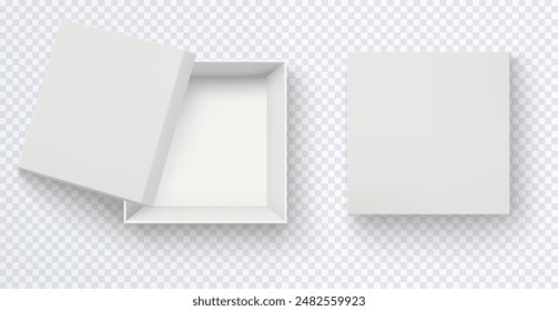 Top view of white empty square box. Realistic mockup of closed and half open cardboard paper box isolated on transparent background.