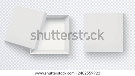 Top view of white empty square box. Realistic mockup of closed and half open cardboard paper box isolated on transparent background.