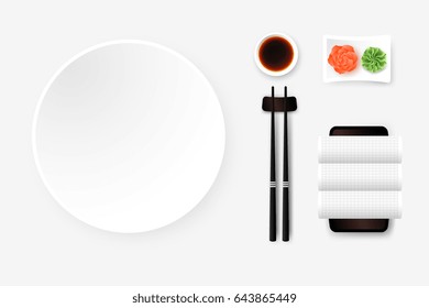 Top View Of White Empty Sushi Plate With Saucer, Ginger, Wasabi, Towel And Chopsticks. Vector Template, Food Design Element.